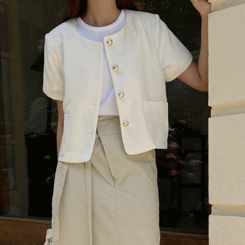 노카라 트위드자켓 아이보리 흰색 린넨 반팔 크롭 여성 여름 숏 자켓